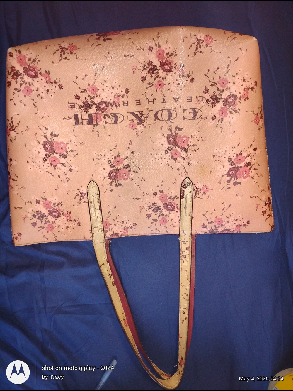 Coach Floral Print Pink Tote with Cream Handles